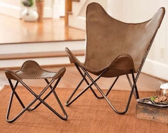 Brown Leather Butterfly Chair with Stool – Vintage Boho Lounge Seating for Living Room, Handmade Home Furniture Gift