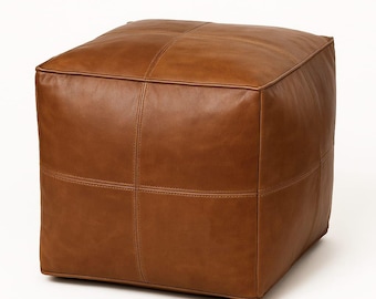 Handmade Moroccan Leather Pouf Ottoman – Brown Square Footstool, Unstuffed 20 Inches