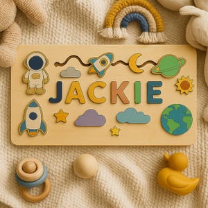 Custom Wooden Name Puzzle – Space Theme | Rocket & Planet Design | Montessori-Inspired Gift | 3 Sizes
