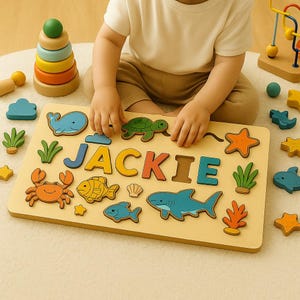 Rompecabezas de madera personalizado con nombre - Tema del océano / Regalo personalizado para bebé / Rompecabezas de ballena y animal marino / Juguete Montessori / 3 tamaños disponibles