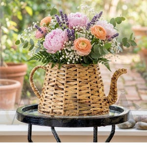 Teapot Shaped Wicker Planter Basket | Rustic Farmhouse Plant Holder | Cottagecore Flower Pot Cover | Handwoven Home Decor