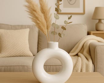 Vit Donut Keramikvas – Modern Minimalistisk Ihålig Vas
