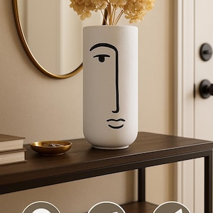 AG Minimalist Face Line Art Ceramic Vase – White Textured Decorative Table Vase for Home & Office