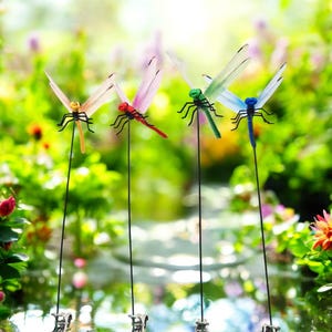 Puede incluir: Cuatro estacas de jardín con forma de libélula coloridas. Cada libélula tiene un color diferente: amarillo, rojo, verde y azul. Las libélulas tienen alas delicadas y están unidas a finas estacas negras para facilitar su colocación en un jardín.