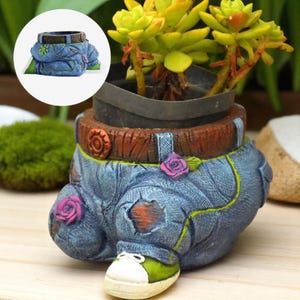 May include: A unique denim-style planter pot with a brown belt and a green and white sneaker. The blue pot is decorated with pink roses and a distressed denim look. The pot contains a succulent plant.