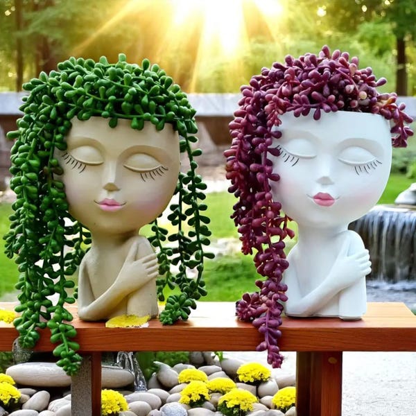 Girl Face Resin Planter: Succulent Flowerpot, Garden & Home Decor