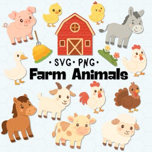 Farm Animal Clipart SVG PNG Bundle – Cute Cow, Pig, Chick, Horse, Goat, Chicken – Kawaii Farm Animals for Cricut and Printables