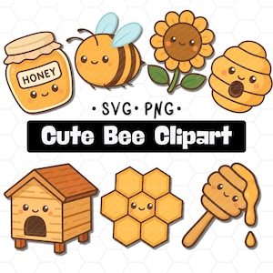 Clipart Kawaii bij – SVG PNG – schattige bijen, honingraat, pot, bijenkorf, zonnebloem – direct downloaden