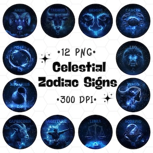 Celestial Zodiac clipartbundel – 12 ronde png-sterrenbeelden voor mokken, prenten, stickers en sublimatie
