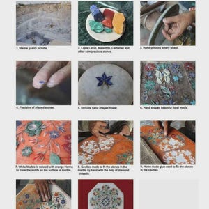 May include: A detailed graphic illustrating the process of inlay work. The steps include quarrying marble, selecting semi-precious stones, shaping stones, and hand-polishing a marble inlay table top. The text "Process of Inlay Work" is at the top.