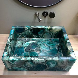 Green Agate Stone Rectangular Sink | Luxury Gemstone Washbasin for Bathroom Vanity Countertop | Unique Crystal Furniture Home Interior Decor