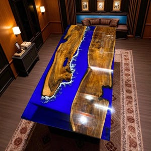 Blauwe epoxyhars acacia eettafel: Live Edge moderne kunst