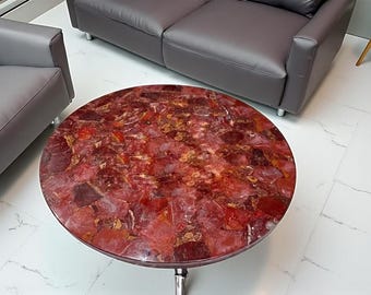 Round Red Jasper Gemstone Coffee Table | Luxury Crystal Tabletop | Handmade Living Room Furniture Decors