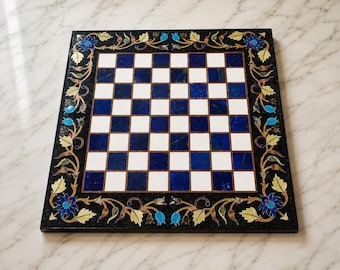 Schwarzer Marmor Schachtisch | Handmade Floral Inlay Schachbrett | Elegante Steindekore