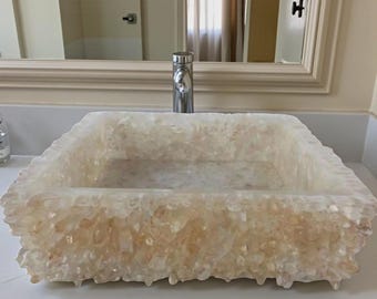 Lavabo de cuarzo blanco para tocador: lavabo de encimera de cristal natural, decoración de baño de lujo hecha a mano.