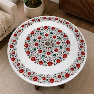 Round White Marble Sofa Coffee Table Luxury Semi Precious Inlay Floral Arts Pietra Dura Modern Console Bar Desk Decors