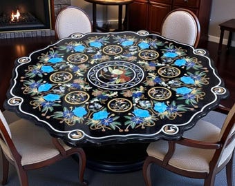 Handmade Black Marble Inlay Dining Table – Pietra Dura Floral Gemstone Art