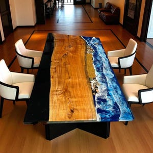 Eettafel Ocean Wave-epoxyhars: handgemaakt acaciahout met geslepen rand