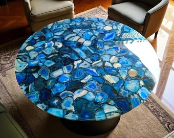 Tablero de mesa de centro de ágata azul: decoración de lujo con piedras preciosas
