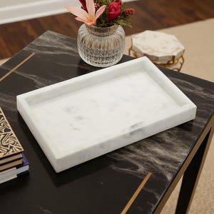 Rectangular Natural White Marble Organizer Tray – Stone Vanity & Kitchen Catchall for Soap, Candles, Plants  Bathroom Decor