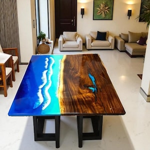 Blauwe golf epoxyhars salontafel: acaciahout levende rand