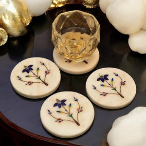 Set of 4 Handcrafted Marble Inlay Drink Coasters – Elegant Stone Coasters Made by Skilled Indian Artisans | Perfect for Tea, Coffee, Dining