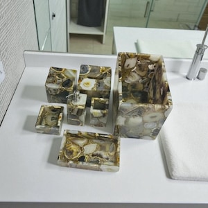 Brown Agate Stone Bathroom Accessories Set – Handmade 6-Piece Luxury Vanity Countertop Decor with Soap Dispenser, Dish, Tumbler & Tissue Box
