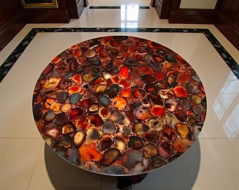Round Red Agate Stone Coffee Table – Handmade Gemstone Furniture for Luxury Living Room Decor
