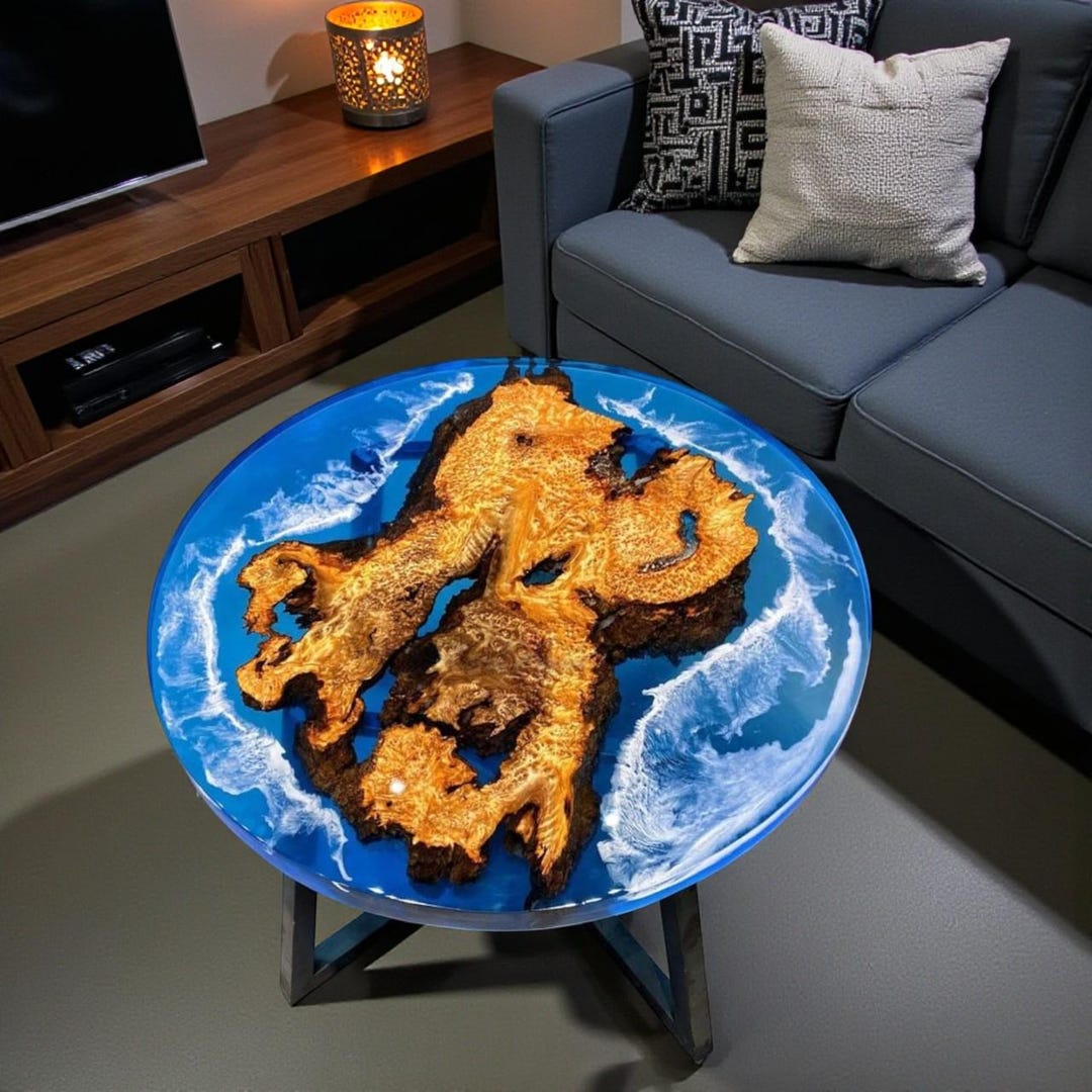 Round Acacia Wood & Ocean Wave Epoxy Resin Coffee Table - Etsy