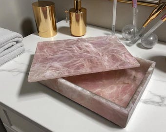Handmade Rose Quartz Crystal Jewelry Box: Healing Stone Vanity Decor