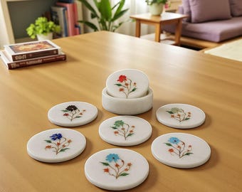 Posavasos de mármol hechos a mano: incrustaciones florales, piedra natural