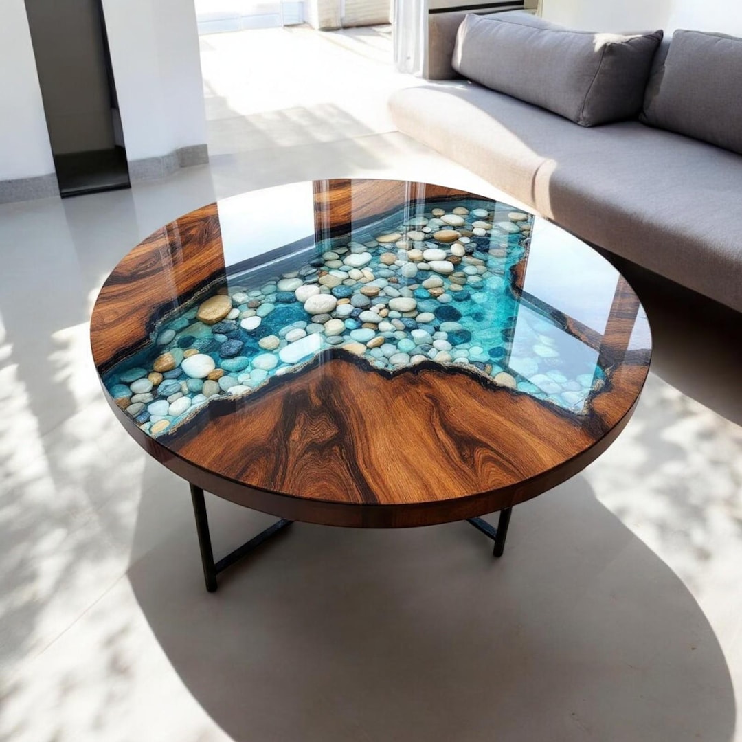 Epoxy Resin River Coffee Table | Round Wood & Stone Centerpiece - Etsy ...