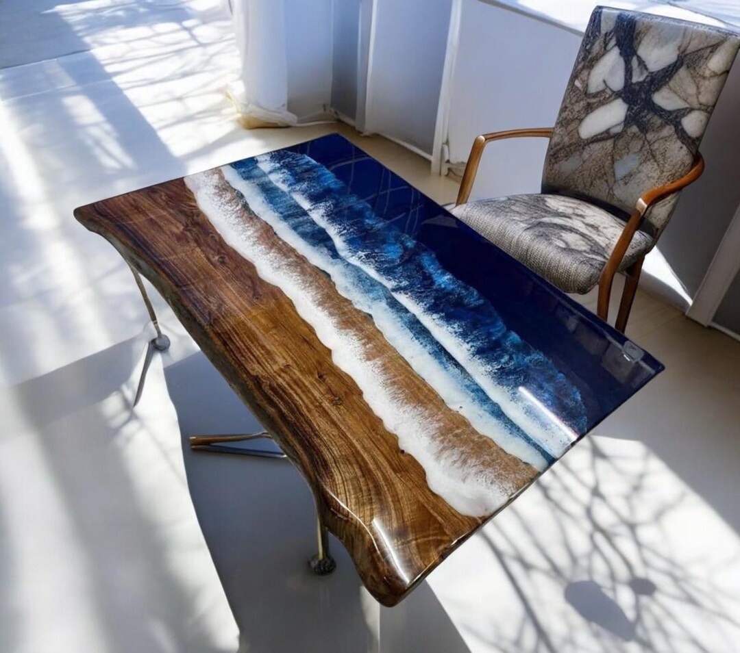 Rectangle Blue Ocean Wave Epoxy Resin Center Sofa Dining Table Handmade ...