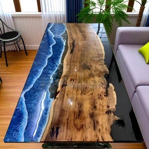 Eettafel Ocean Wave-epoxyhars: handgemaakt acaciahout met geslepen rand