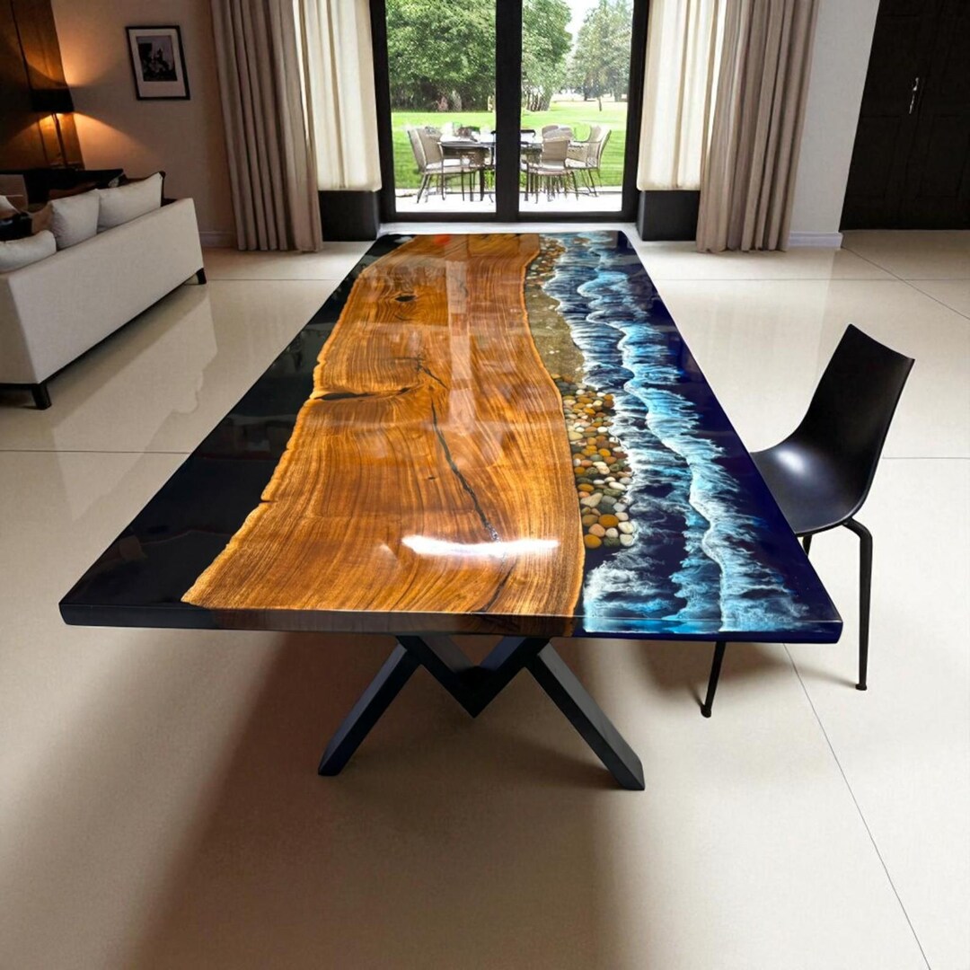 Ocean Wave Epoxy Resin Dining Table: Live Edge Acacia Wood, Coastal - Etsy
