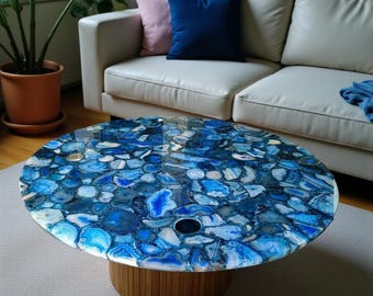 Handmade Round Blue Agate Stone Coffee Table – Luxury Home Decor