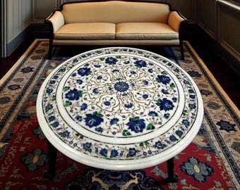 White Marble Coffee Table: Lapis Lazuli Gemstone Floral Inlay Pietra Dura Living Room Decors