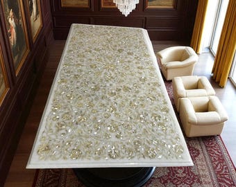 Mother of Pearl Inlay Marble Dining Table: Luxury Marquetry Art
