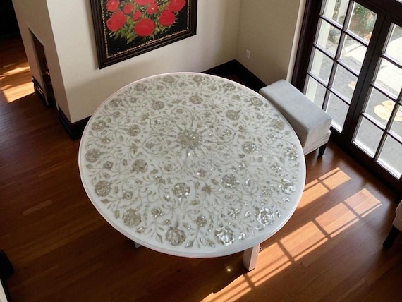 Mother of Pearl Inlay Marble Table: Handmade Floral Coffee Table