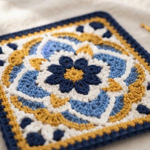 Peut inclure: Un motif carré au crochet présentant une fleur centrale bleu foncé avec un cœur jaune, entourée de couches complexes de fil blanc, bleu clair et jaune moutarde dans un motif géométrique, fini par une bordure bleu foncé.