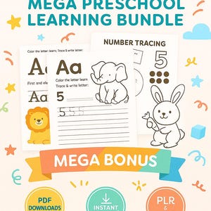 Könnte beinhalten: Ein farbenfrohes Vorschul-Lernpaket mit dem Text "50.000+ MEGA PRESCHOOL LEARNING BUNDLE". Enthält Arbeitsblätter zum Nachzeichnen von Alphabeten und Zahlen sowie niedliche Tierillustrationen.