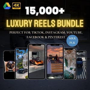 以下が含まれることがあります： 「15,000+ LUXURY REELS BUNDLE」と「PERFECT FOR TIKTOK, INSTAGRAM, YOUTUBE, FACEBOOK & PINTEREST」のテキストが入ったプロモーション画像。高級車やヨットなど、豪華なライフスタイルシーンを表示するスマートフォンがいくつか表示されています。