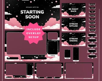 Pink Starlight Stream Overlay Package, Pastel Cloud Design, Cute Pink Cloud, VTuber Stream Overlay, Cozy Cute Stream Overlay, Starry Night