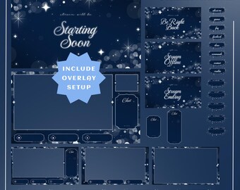 Pacchetto di sovrapposizioni di streaming di notte stellata, tema Galaxy Vtuber, pacchetto di sovrapposizioni di streaming di notte stellata blu scuro, sovrapposizione di Twitch completamente animata, tema Soft Night