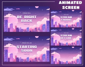 Moonlit Metropolis Stream Screen Overlay for Streamers – Fully Animated, City Scape Overlay, Moonlight City Screen, Pastel Purple Overlay,