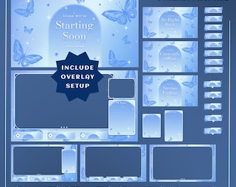 Butterfly Stream Overlay, Cozy Blue Kawaii Design, Dreamy Blue Butterfly, Animated Twitch Overlay Package, Soft Aesthetic Theme, ElegantBlue