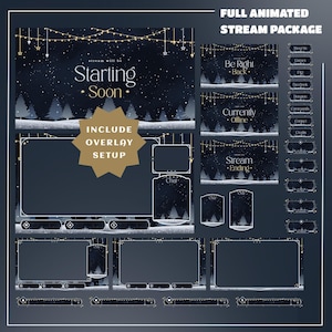 Peut inclure: Un ensemble de flux animé complet sur le thème de l'hiver. Le design comprend un fond bleu foncé avec des flocons de neige blancs, des pins et des accents dorés. Le texte comprend "Starting Soon", "Be Right Back" et "Stream Ending".