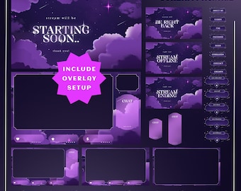 Overlay di streaming di Purple Nightscape per streamer: completamente animato + configurazione inclusa, cielo notturno viola Vtuber, estetica nuvolosa, Twitch stellato