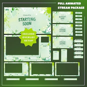 Może przedstawiać: Pełny animowany pakiet streamingu w zielono-białej kolorystyce. Zawiera konfiguracje nakładek, okna czatu i ekrany dla "Starting Soon", "Be Right Back", "Offline" i "Stream Ending". Tekst zawiera "Include Overlay Setup".