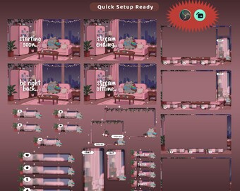 Overlay animato carino Lofi Stream Twitch Midnight Cozy, Overlay stanza Lofi, Overlay rosa, Overlay estetica pastello, Overlay gatto carino Twitch
